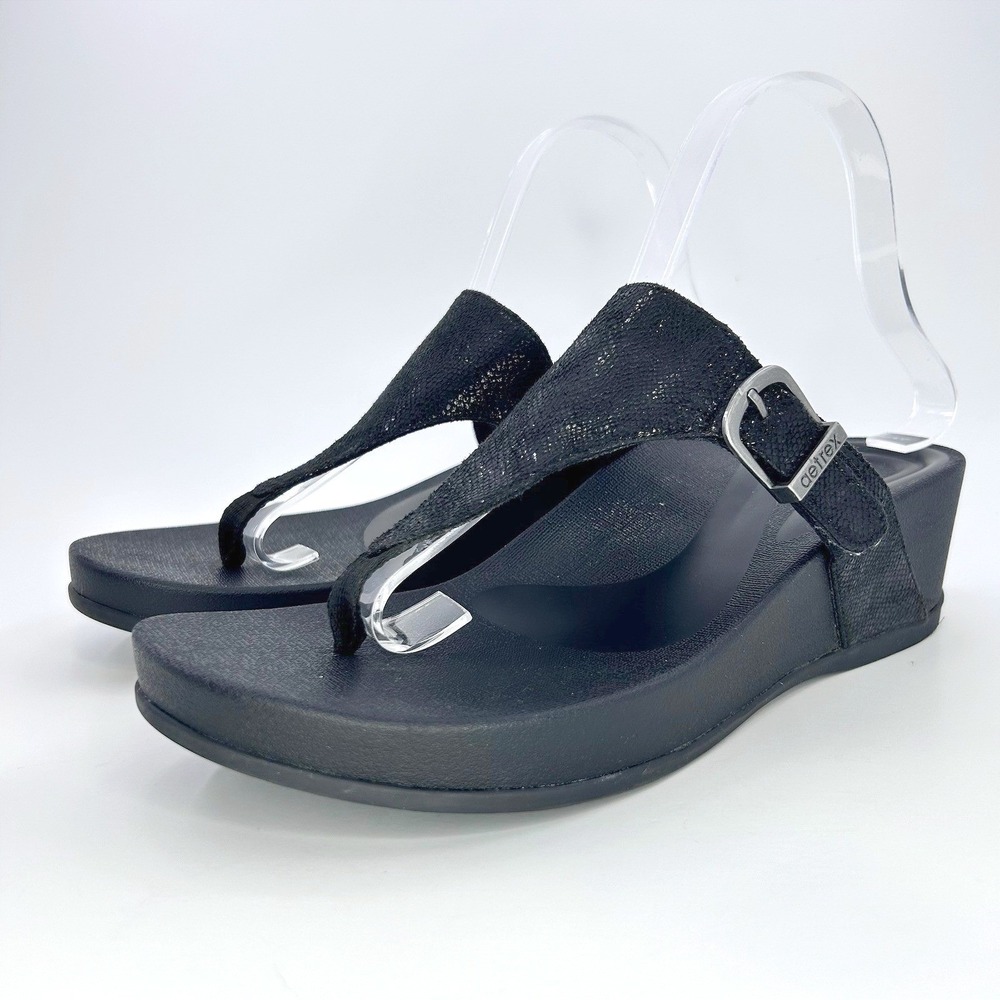Aetrex Kate Thong Wedge Sandals Womens US 9.5 EUR 40 Black Arch Support Orthotic